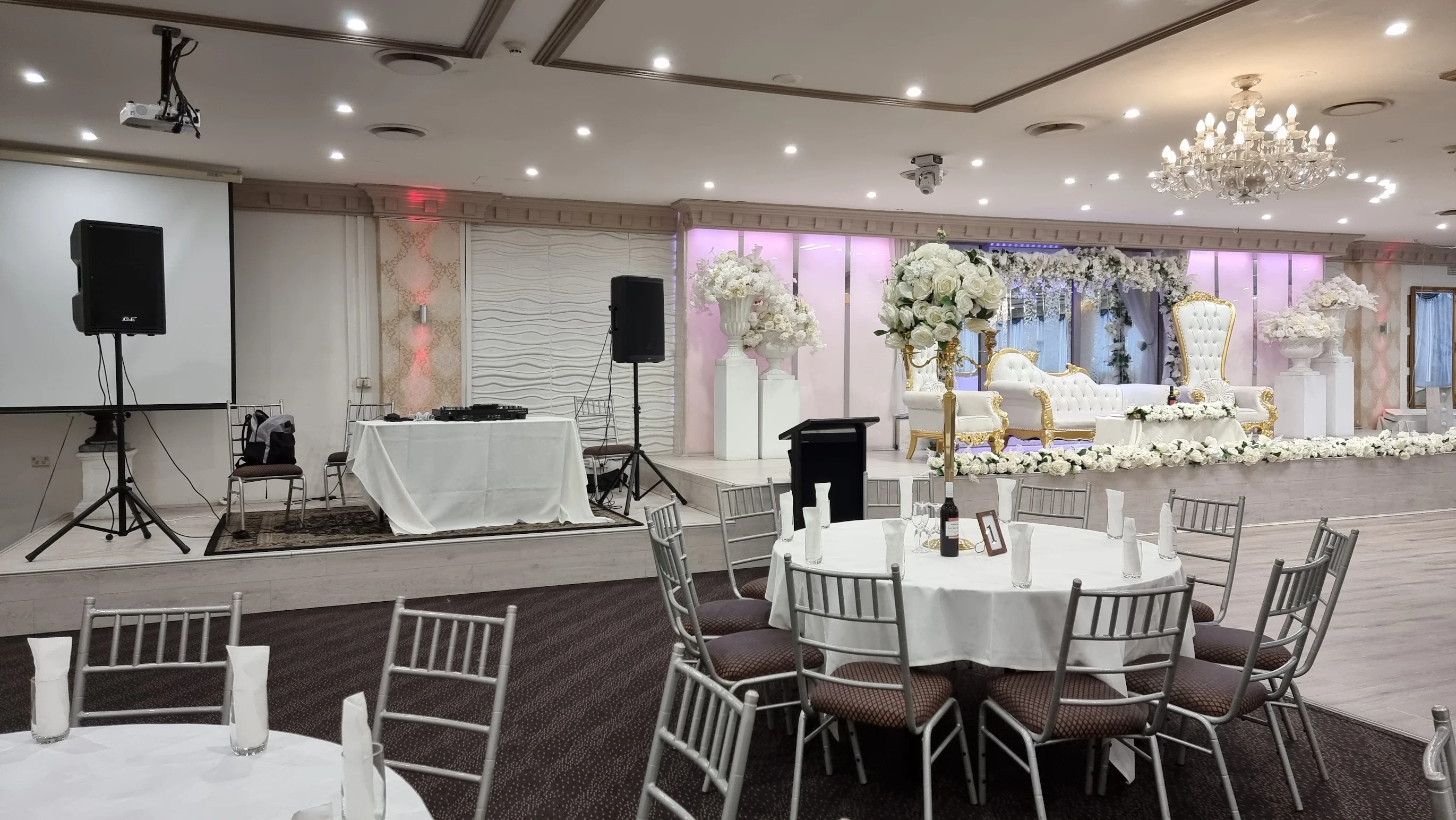 Grand ballroom dressed for a celebration